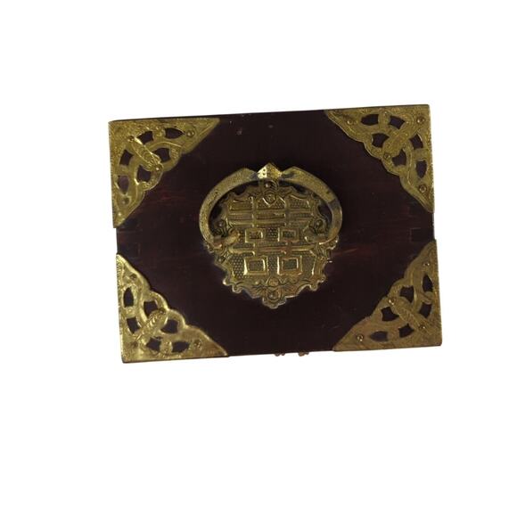 Vintage Chinese Jewelry Box Cabinet Hand Painted Panels Brass Trim - Picture 9 of 10